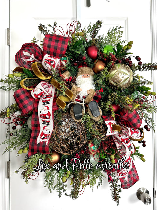 Custom Rustic Santa Red Plaid Christmas Wreath