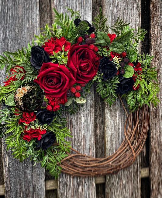 Red & Black Roses w/ Mixed Greenery
