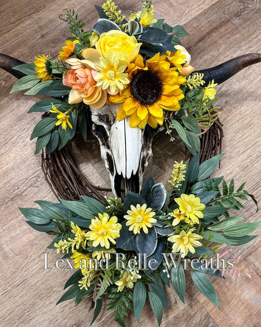 Cow Skull Rustic Sunflower Wreath